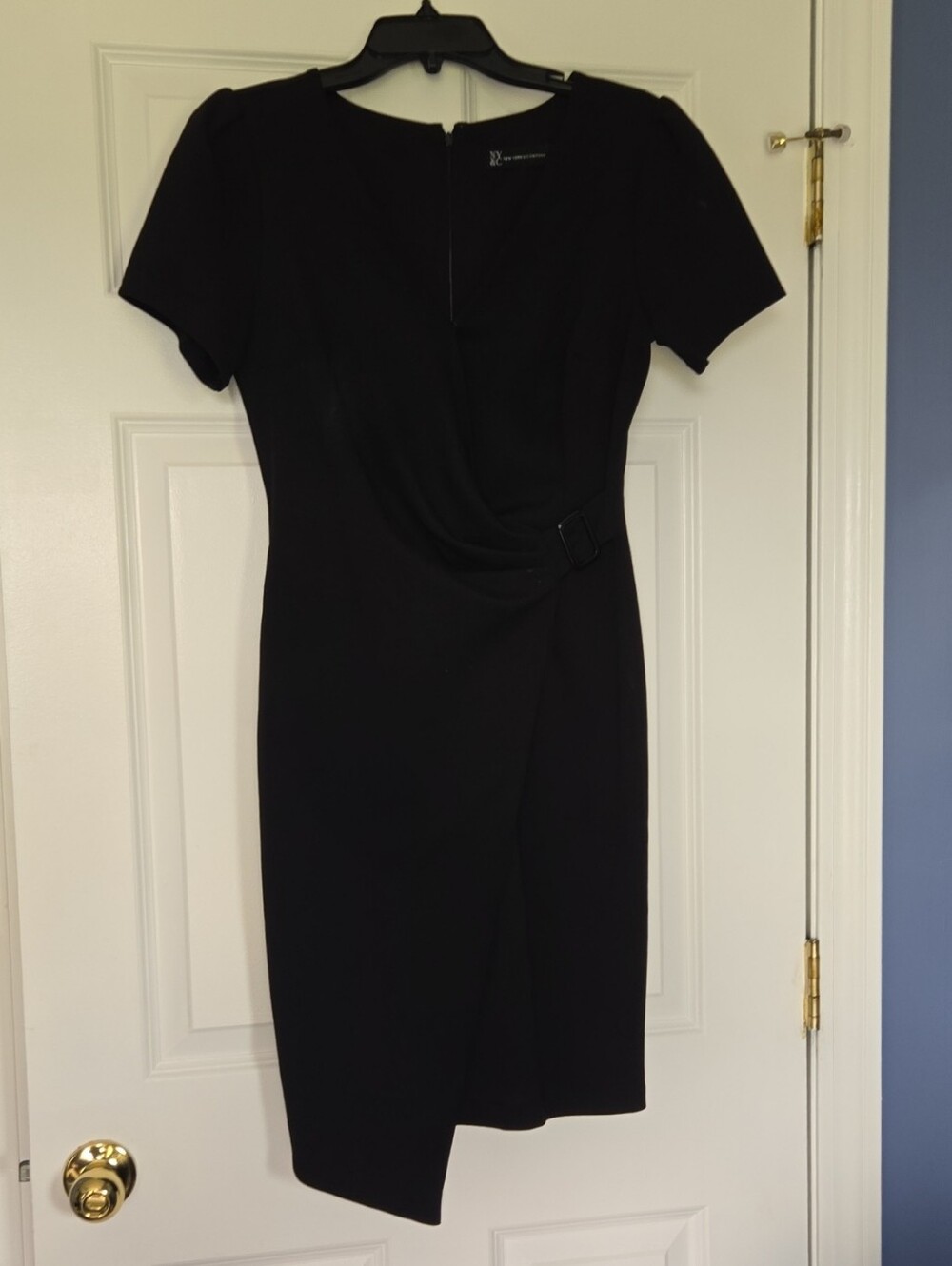 New York & Company Black Short-sleeve Faux-wrap Sheath Dress Business Office